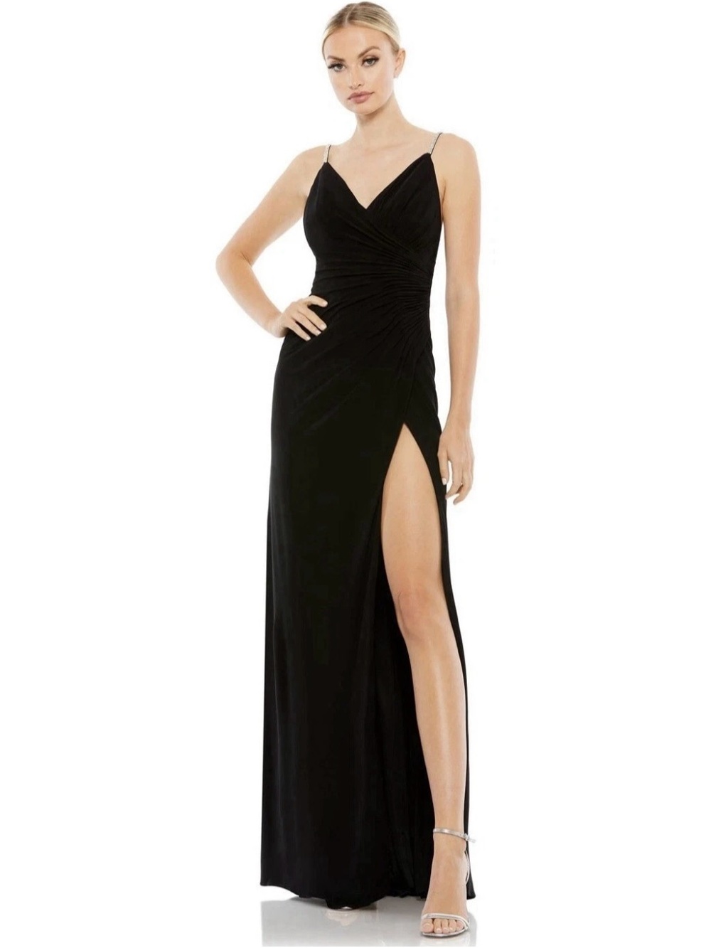 IEENA for Mac Duggal Faux Wrap V Neck Open Back Gown Black Size 8